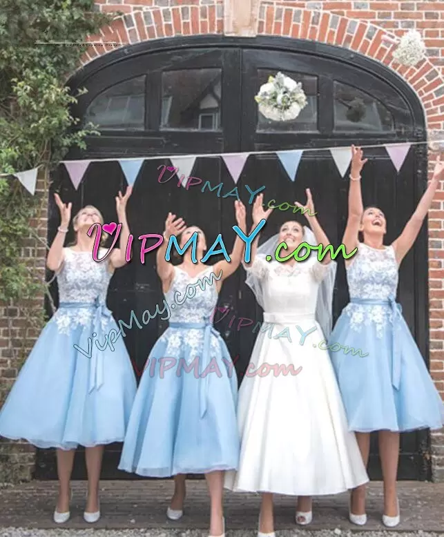 Spectacular Lace and Appliques Bridesmaids Dress Baby Blue Sleeveless Tea Length