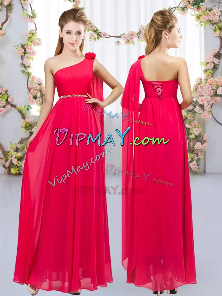 Sexy Red Sleeveless Beading and Hand Made Flower Floor Length Wedding Party Dress