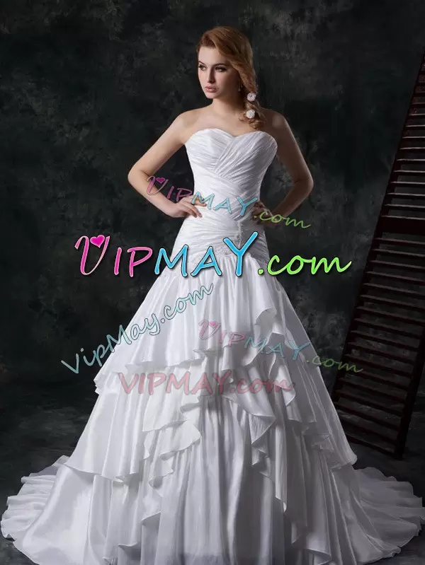 White A-line Ruffled Layers and Ruching Wedding Dresses Lace Up Taffeta Sleeveless