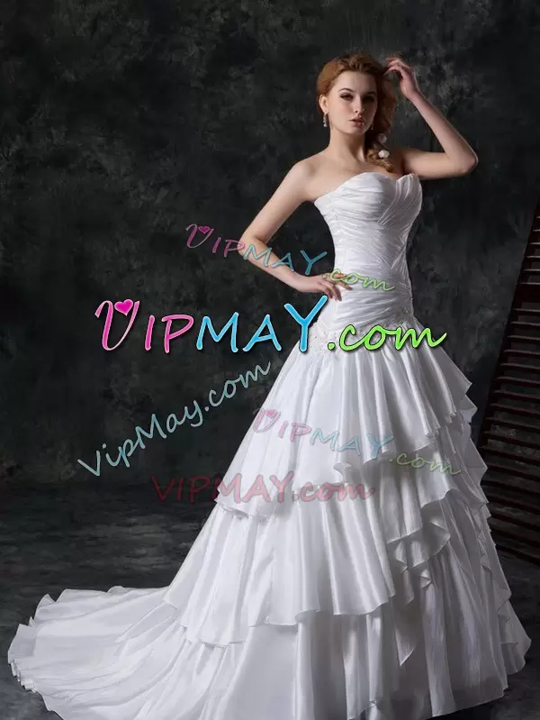 White A-line Ruffled Layers and Ruching Wedding Dresses Lace Up Taffeta Sleeveless