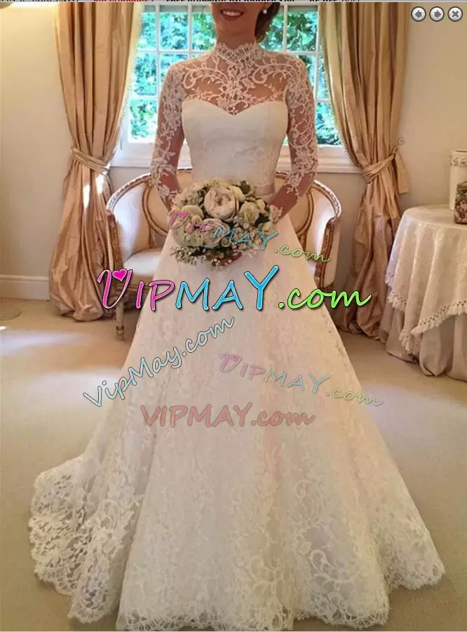 Enchanting White A-line High-neck Long Sleeves Lace Brush Train Backless Lace and Appliques Wedding Gown