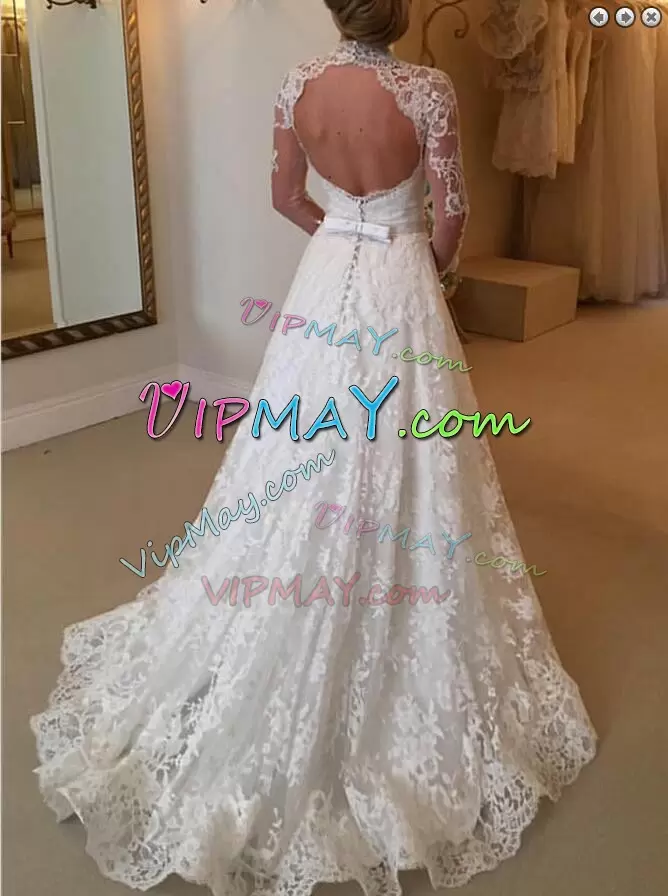 Enchanting White A-line High-neck Long Sleeves Lace Brush Train Backless Lace and Appliques Wedding Gown