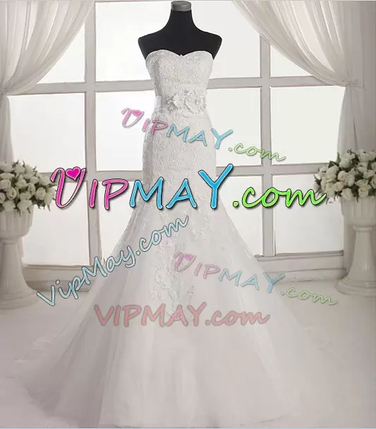 Lovely Appliques Wedding Gowns White Lace Up Sleeveless With Brush Train