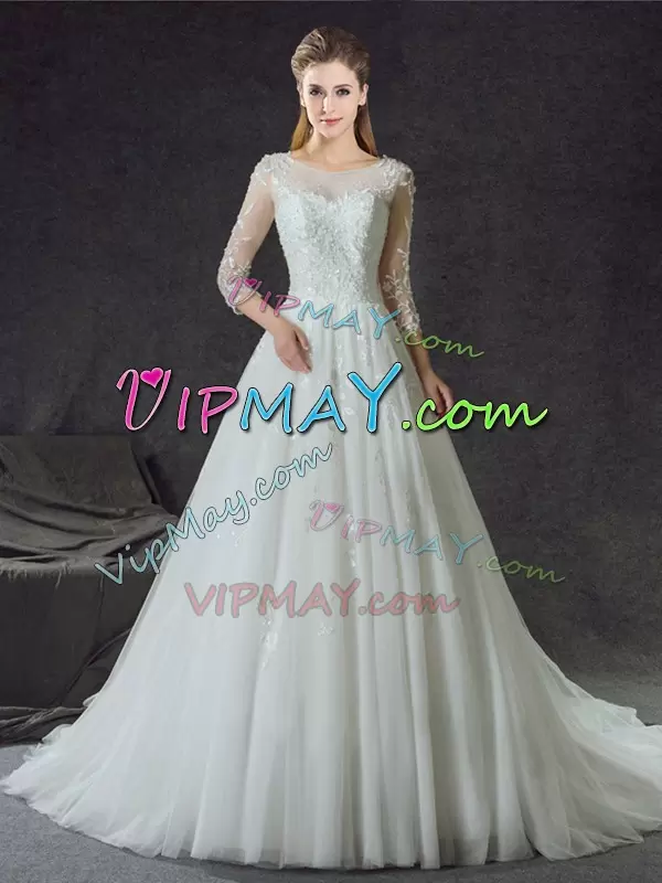 3 4 Length Sleeve Lace Lace Up Bridal Gown with White Court Train