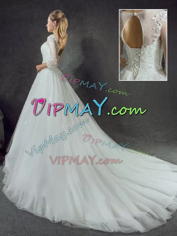 3 4 Length Sleeve Lace Lace Up Bridal Gown with White Court Train