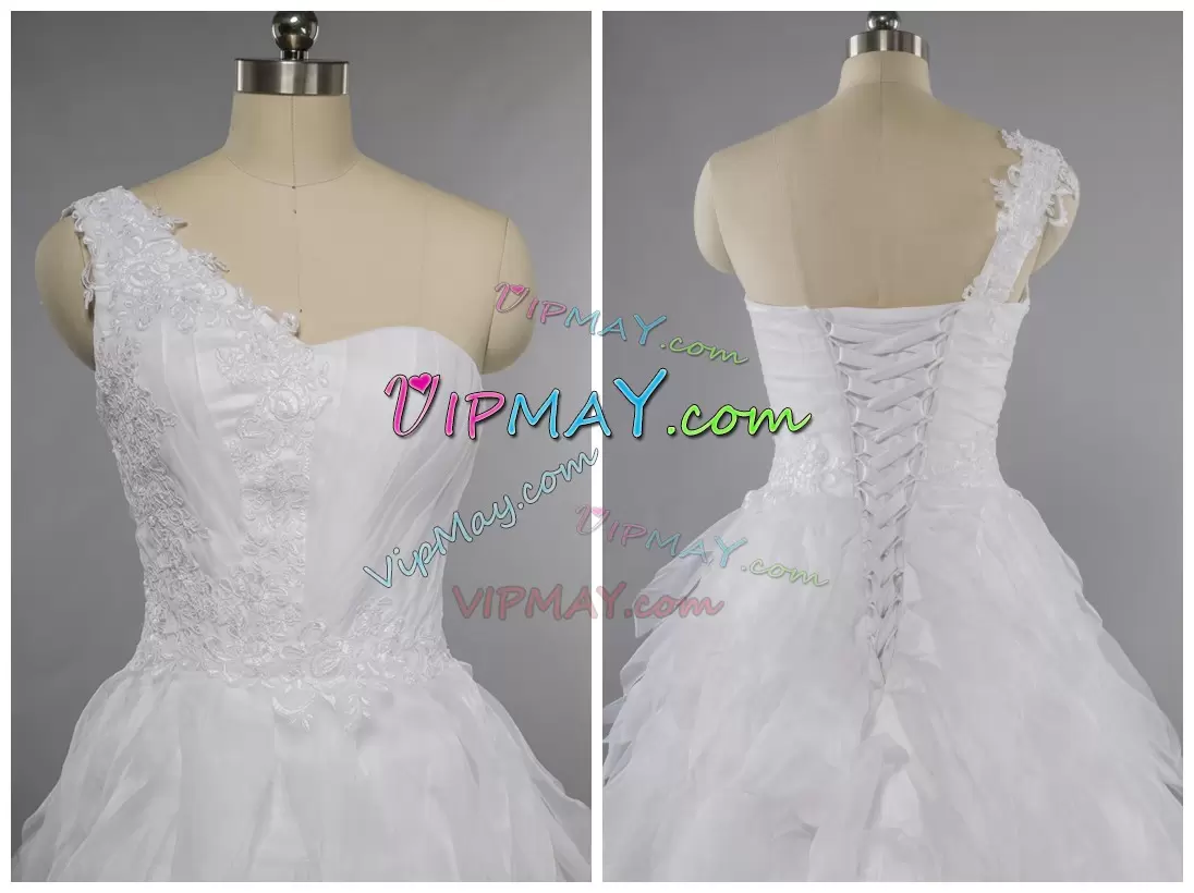 Sleeveless One Shoulder Court Train Appliques and Ruffles Lace Up Wedding Gown