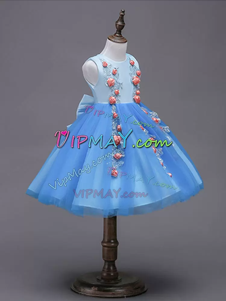 Blue Scoop Zipper Hand Made Flower Flower Girl Dresses for Less Sleeveless