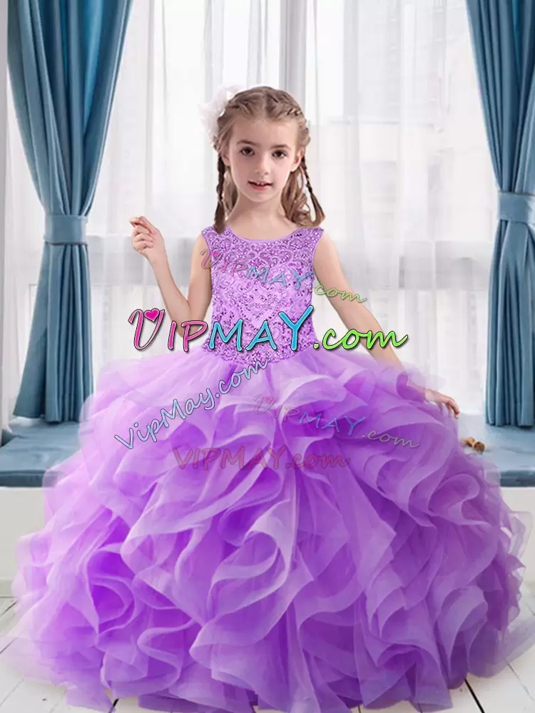 Eggplant Purple Sleeveless Tulle Lace Up Little Girls Pageant Dress Wholesale for Party and Wedding Party