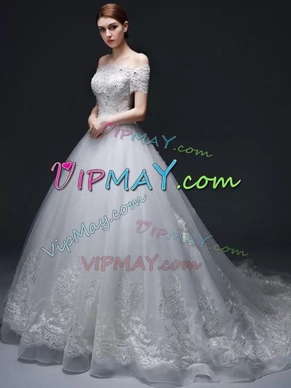 Most Popular Organza and Tulle Off The Shoulder Short Sleeves Court Train Lace Up Beading and Appliques Bridal Gown in White