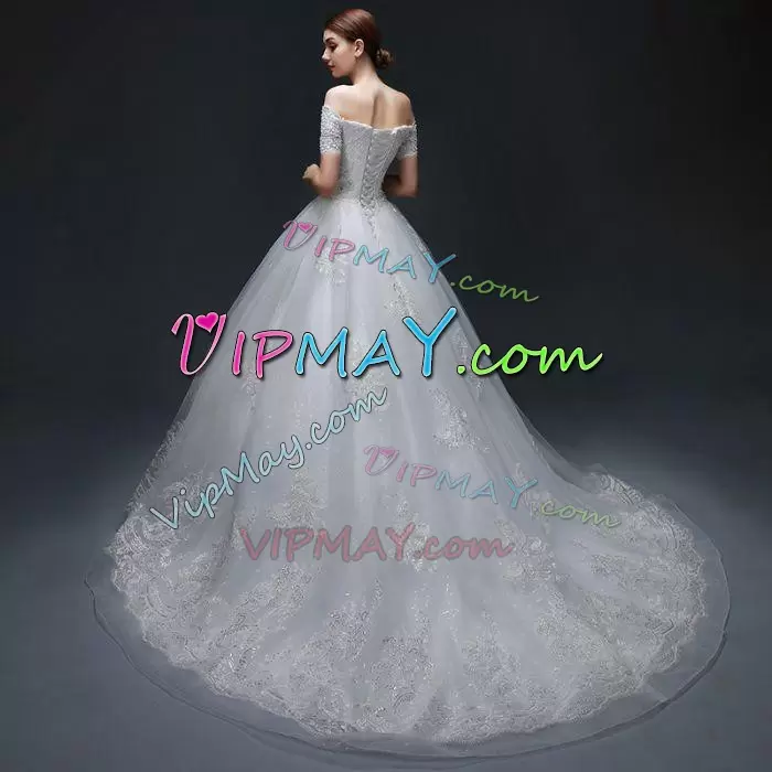 Most Popular Organza and Tulle Off The Shoulder Short Sleeves Court Train Lace Up Beading and Appliques Bridal Gown in White