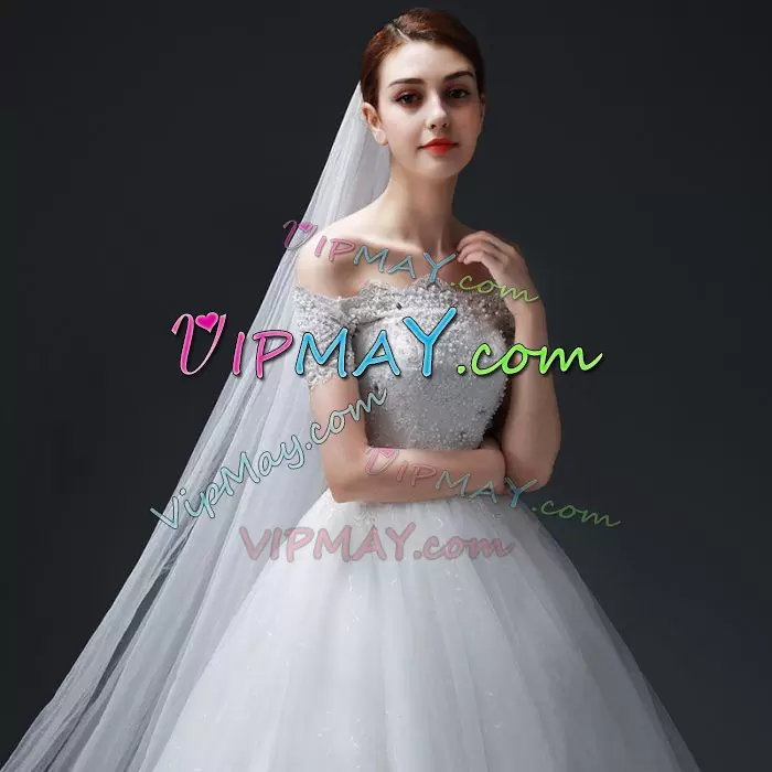 Most Popular Organza and Tulle Off The Shoulder Short Sleeves Court Train Lace Up Beading and Appliques Bridal Gown in White