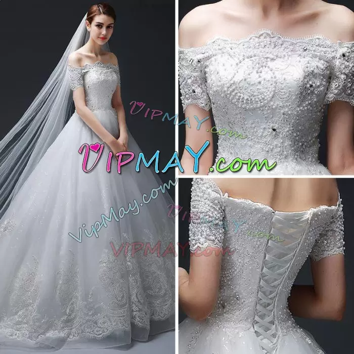 Most Popular Organza and Tulle Off The Shoulder Short Sleeves Court Train Lace Up Beading and Appliques Bridal Gown in White