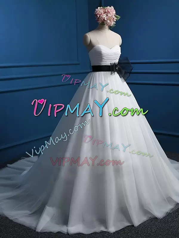Stunning Court Train A-line Wedding Dress White Sweetheart Tulle Sleeveless Lace Up