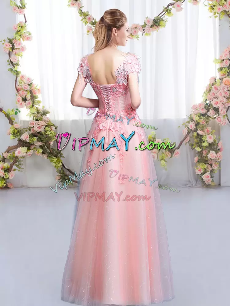 On Sale Pink Tulle Lace Up Wedding Party Dress Cap Sleeves Floor Length Beading and Appliques