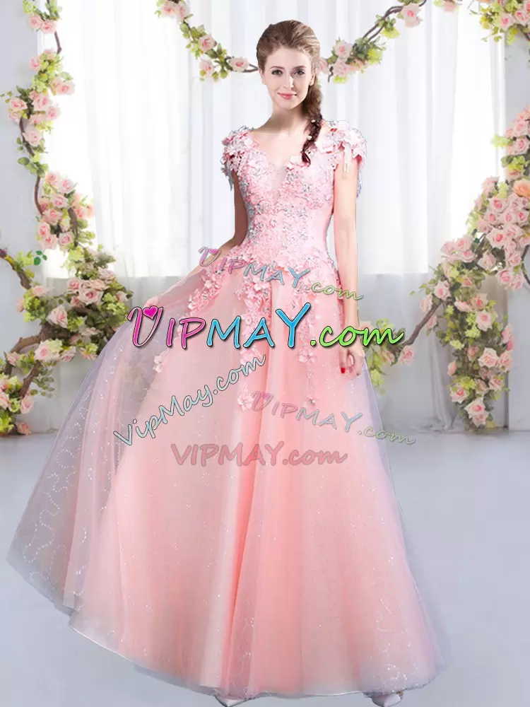 On Sale Pink Tulle Lace Up Wedding Party Dress Cap Sleeves Floor Length Beading and Appliques