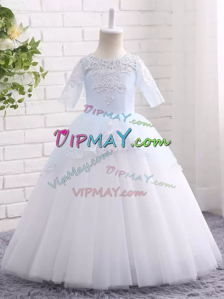 Blue And White Half Sleeves Floor Length Appliques Clasp Handle Toddler Flower Girl Dress Scoop