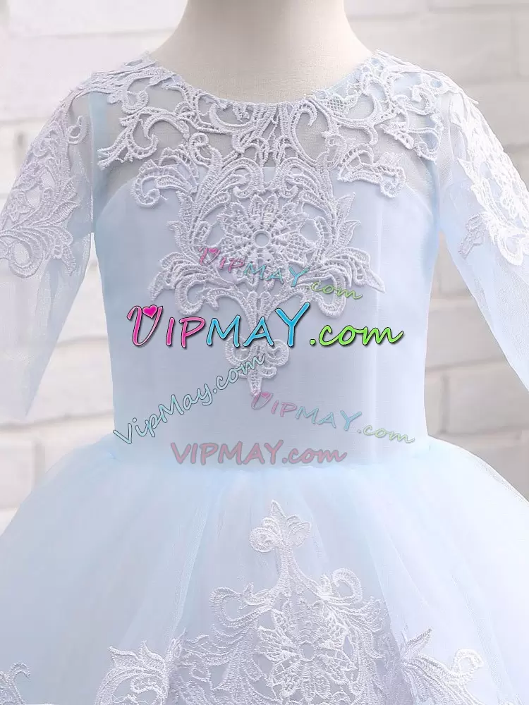 Blue And White Half Sleeves Floor Length Appliques Clasp Handle Toddler Flower Girl Dress Scoop