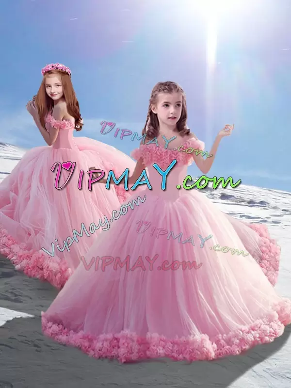 Custom Fit Court Train Ball Gowns High School Pageant Dress Baby Pink Off The Shoulder Tulle Sleeveless Lace Up