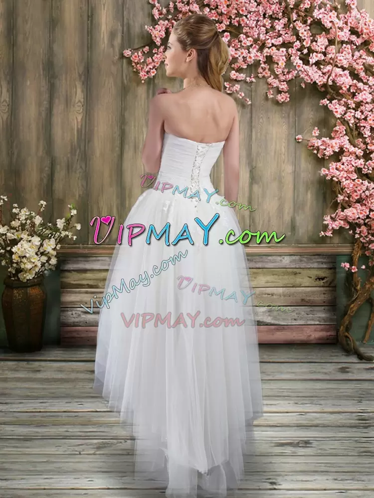 Gorgeous White A-line Sweetheart Sleeveless Tulle High Low Lace Up Ruching Wedding Gowns