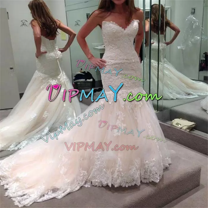 New Arrival Lace Bridal Gown Baby Pink Lace Up Sleeveless With Train Sweep Train