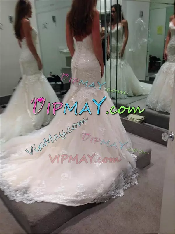 New Arrival Lace Bridal Gown Baby Pink Lace Up Sleeveless With Train Sweep Train