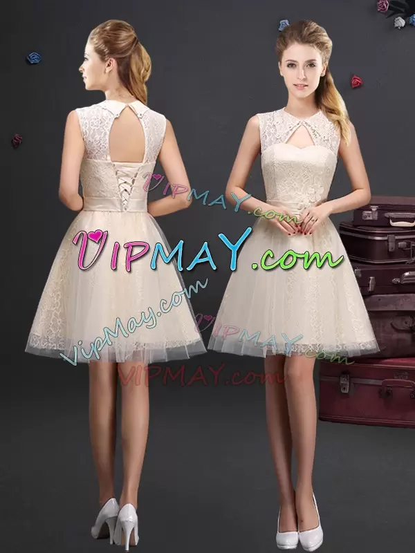 Inexpensive Champagne Lace Up Bridesmaid Dress Lace and Appliques and Belt Sleeveless Mini Length
