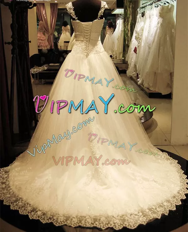 Cap Sleeves Lace and Belt Lace Up Wedding Dresses with White Sweep Train