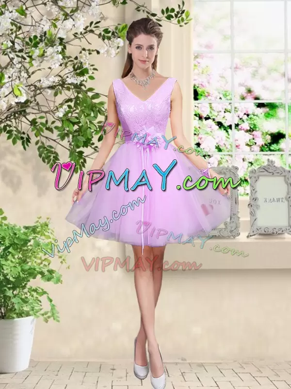 Dramatic Lilac Tulle Lace Up V-neck Sleeveless Knee Length Damas Dress Lace and Belt