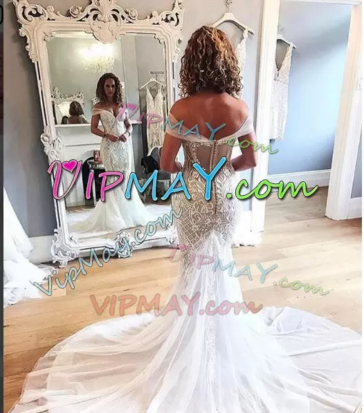 White Off The Shoulder Neckline Lace and Appliques Wedding Gown Sleeveless Clasp Handle