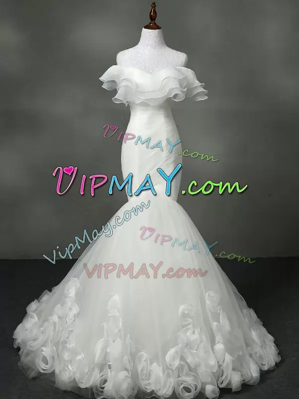 Sleeveless Floor Length Ruching and Hand Made Flower Zipper Wedding Gowns with White Brush Train