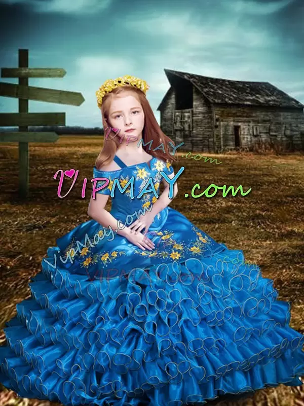 Nice Floor Length Lace Up Pageant Dresses Blue for Wedding Party with Embroidery and Ruffled Layers