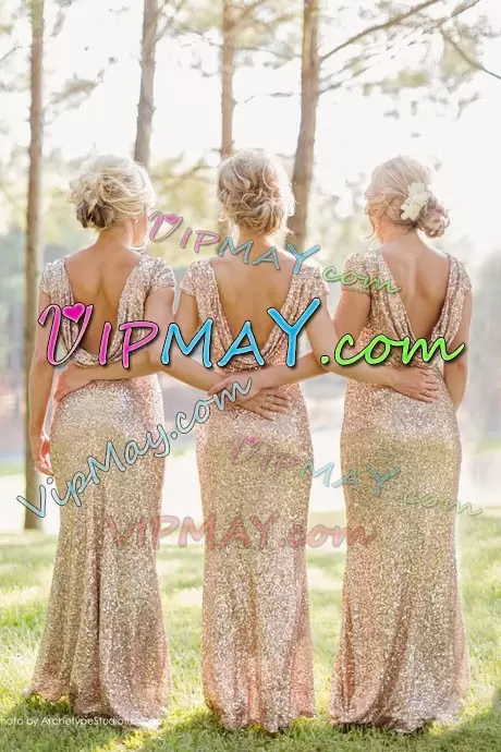 Gold Sequined Backless Bridesmaid Dress Short Sleeves Floor Length Ruching