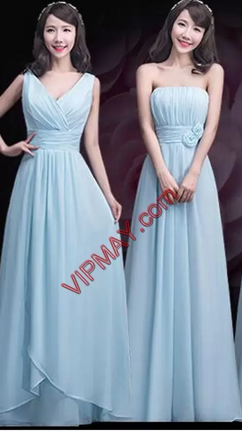 Luxury Light Yellow Sleeveless Ruching Floor Length Bridesmaid Dress