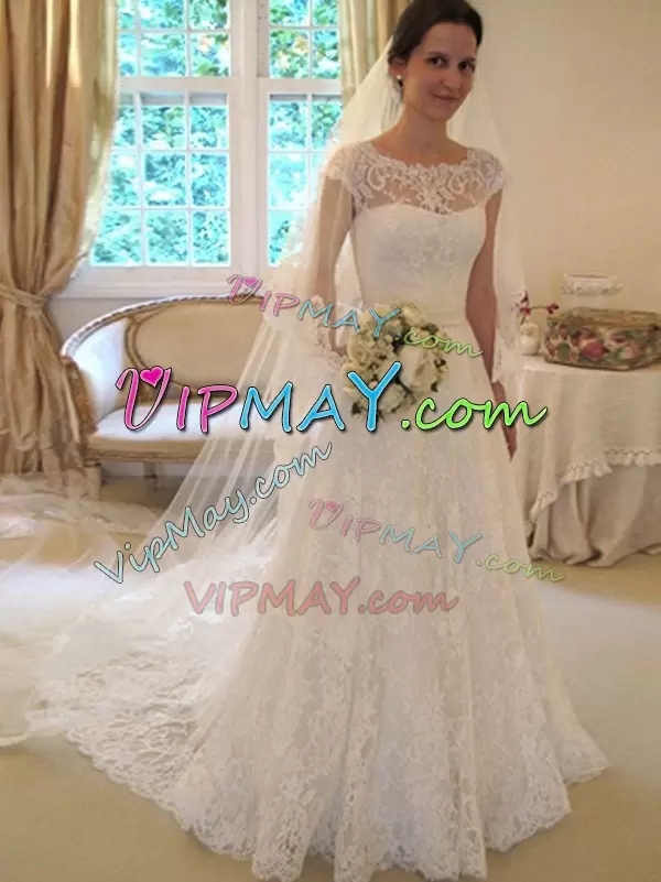 Deluxe White Wedding Gowns Wedding Party with Lace Scoop Cap Sleeves Brush Train Clasp Handle