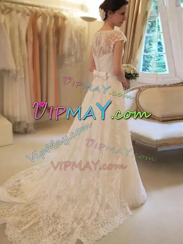 Deluxe White Wedding Gowns Wedding Party with Lace Scoop Cap Sleeves Brush Train Clasp Handle