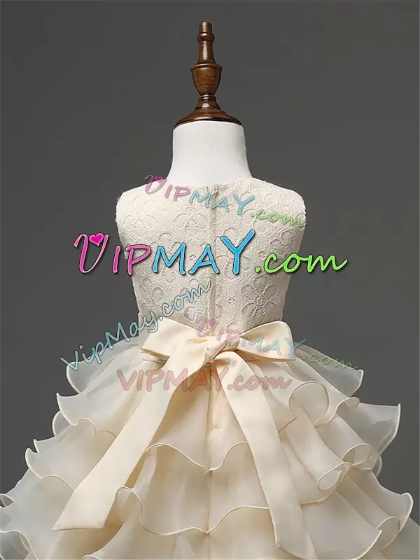 Simple Champagne Zipper Little Girls Pageant Dress Lace and Ruffled Layers and Bowknot Sleeveless Knee Length