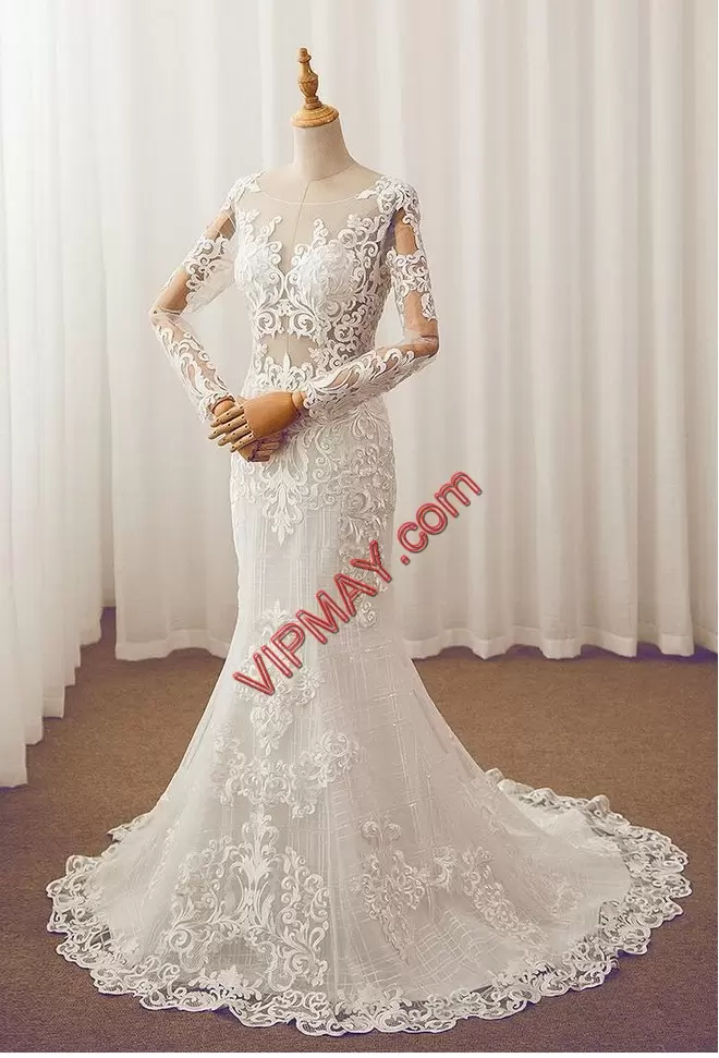 Super White Lace Up Bridal Gown Long Sleeves Sweep Train Appliques
