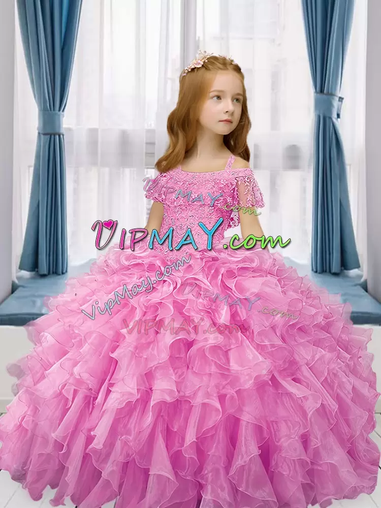 Rose Pink Sleeveless Organza Lace Up Little Girls Pageant Dress Wholesale for Party and Wedding Party