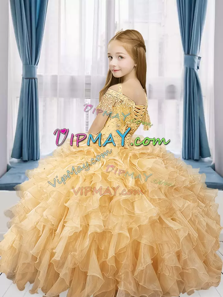 Rose Pink Sleeveless Organza Lace Up Little Girls Pageant Dress Wholesale for Party and Wedding Party