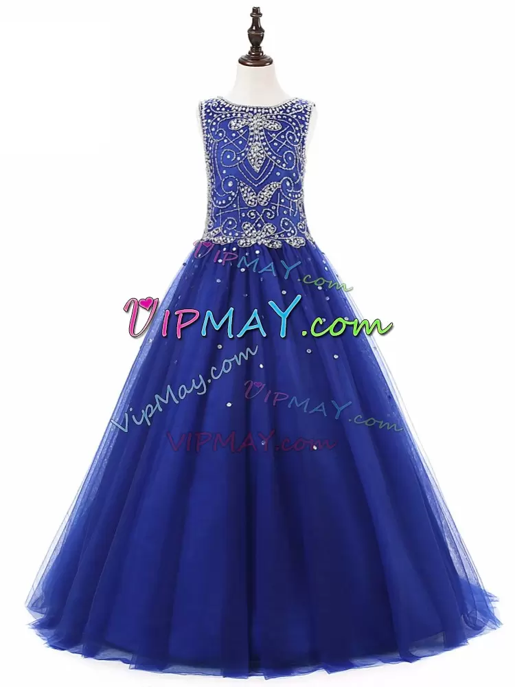 Fantastic Tulle Scoop Sleeveless Lace Up Beading Flower Girl Dress in Royal Blue