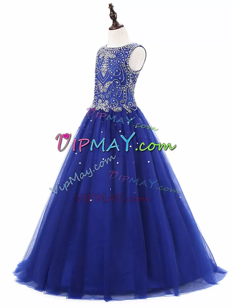 Fantastic Tulle Scoop Sleeveless Lace Up Beading Flower Girl Dress in Royal Blue