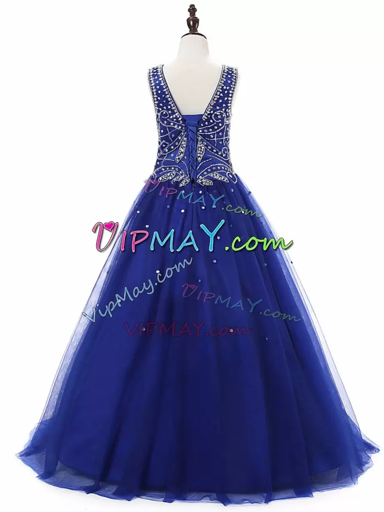 Fantastic Tulle Scoop Sleeveless Lace Up Beading Flower Girl Dress in Royal Blue