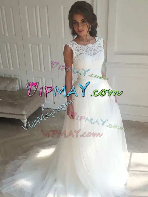 High Quality White Tulle Lace Up Wedding Dress Sleeveless Brush Train Lace