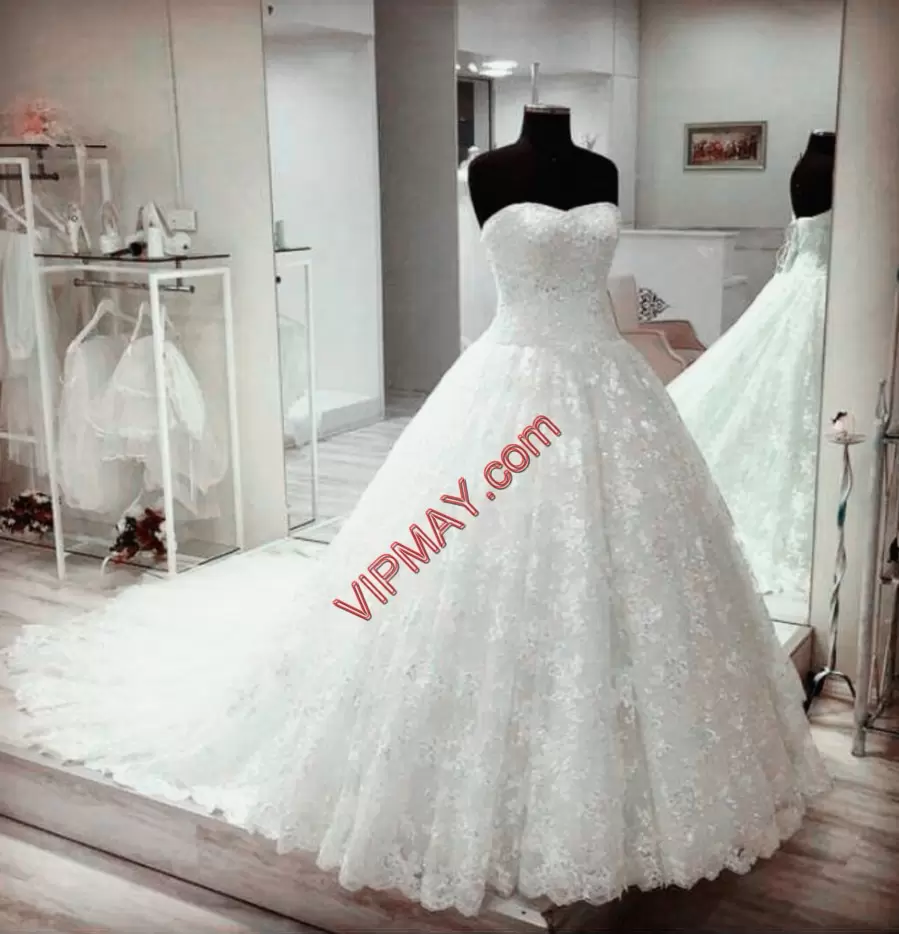 Charming White Sleeveless Lace Court Train Lace Up Wedding Gown for Wedding Party