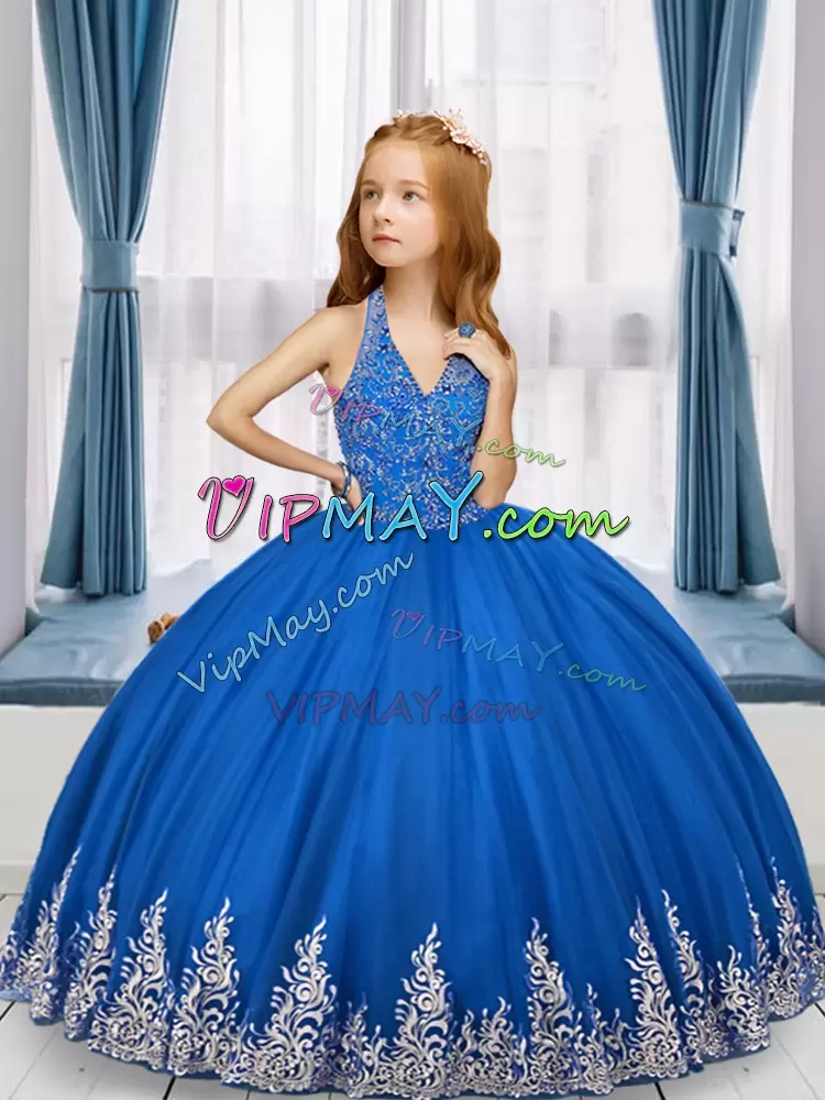 Royal Blue Lace Up V-neck Embroidery Pageant Dress Tulle Sleeveless