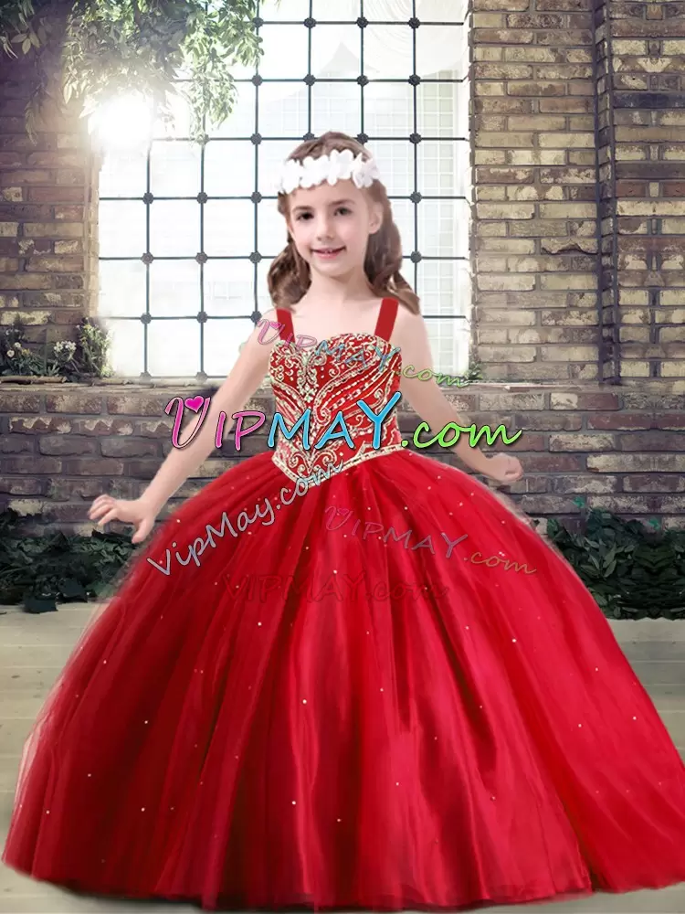 Tulle Sleeveless Floor Length Kids Formal Wear and Beading