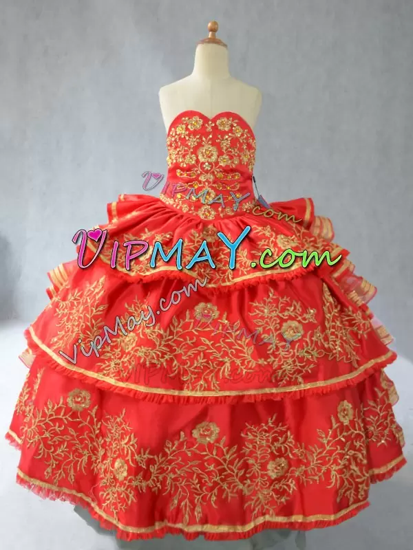 Red Lace Up Sweetheart Embroidery and Ruffled Layers Pageant Dress for Teens Satin Sleeveless