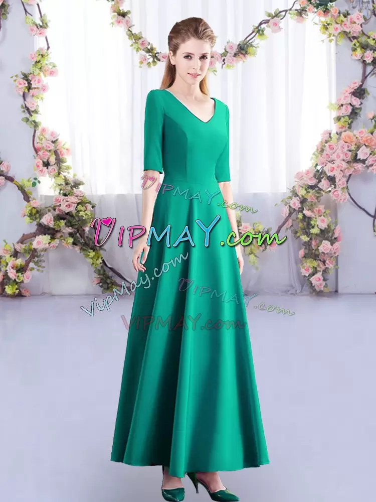Noble Empire Bridesmaid Dresses Turquoise V-neck Satin Half Sleeves Ankle Length Zipper