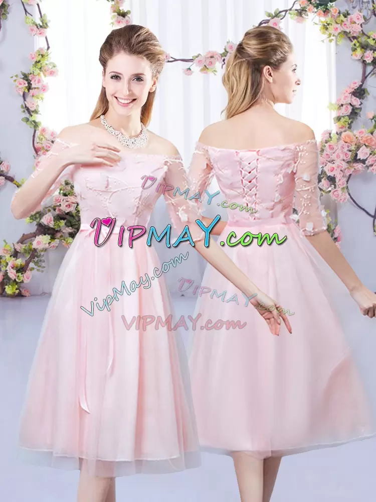 Customized Baby Pink Lace Up Bridesmaid Dresses Lace and Belt Half Sleeves Tea Length