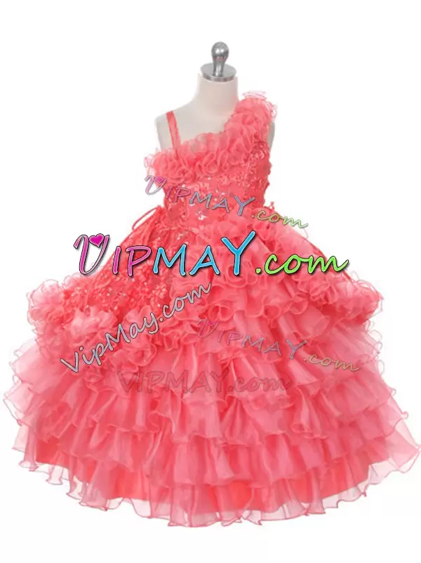 Inexpensive Watermelon Red Organza Lace Up Asymmetric Sleeveless Floor Length Pageant Dress Toddler Lace and Ruffles and Ruffled Layers